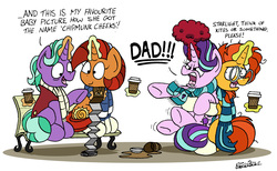Size: 2408x1488 | Tagged: safe, artist:bobthedalek, firelight, starlight glimmer, stellar flare, sunburst, pony, unicorn, g4, anger magic, angry, bench, clothes, coffee cup, cup, father and daughter, fathers gonna father, female, jacket, magic, male, mare, mother and son, newbie artist training grounds, photo, ragelight glimmer, scarf, stallion, wallet