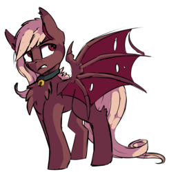 Size: 2298x2346 | Tagged: safe, artist:beardie, oc, oc only, oc:spicy bite, bat pony, pony, undead, bat pony oc, bell, bell collar, chest fluff, collar, ear fluff, high res, male, simple background, solo, torn wings, transparent background, trap