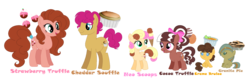 Size: 1666x546 | Tagged: safe, artist:hazardous-andy, oc, oc only, oc:chedder souffle, oc:cocoa truffle, oc:creme brulee, oc:granite pie, oc:neo scoops, oc:strawberry truffle, earth pony, pegasus, pony, unicorn, baby, baby pony, base used, bow, colt, female, filly, hair bow, male, mare, offspring, parent:cheese sandwich, parent:pinkie pie, parents:cheesepie, siblings, simple background, stallion, transparent background