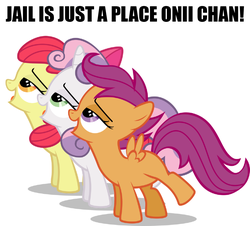 Size: 960x868 | Tagged: safe, artist:drewdini, apple bloom, scootaloo, sweetie belle, earth pony, pegasus, pony, unicorn, g4, bedroom eyes, caption, cutie mark crusaders, female, filly, implied foalcon, leaning forward, oniichan, op is a duck, op is trying to start shit, simple background, this will end in jail time, trio, vector