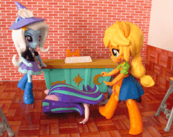 Size: 602x480 | Tagged: safe, artist:whatthehell!?, applejack, starlight glimmer, trixie, equestria girls, g4, my little pony equestria girls: summertime shorts, abuse, animated, boots, bully, bullying, classroom, clothes, desk, doll, downvote bait, equestria girls minis, glimmerbuse, hat, irl, kicking, photo, school, shoes, skirt, stop motion, toy