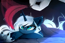 Size: 1834x1212 | Tagged: safe, artist:magnaluna, princess luna, oc, oc:zefiroth, alicorn, pony, zefiros codex, g4, alternate design, alternate universe, behaving like a cat, cute, cute little fangs, daaaaaaaaaaaw, ethereal mane, exclamation point, fangs, feather, female, hoof shoes, lunabetes, mare, prone, solo, white-haired luna