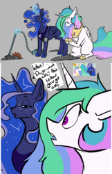 Size: 1280x1972 | Tagged: safe, artist:greyscaleart, princess celestia, princess luna, alicorn, ant, pony, g4, ants, archer (show), atg 2018, avengers: infinity war, comic, constellation, constellation freckles, crossing the line twice, crossover, dark comedy, dialogue, dust, female, freckles, glowing horn, gray background, headphones, hoof shoes, horn, implied applejack, implied death, implied thanos, implied twilight sparkle, magic, mare, mp3 player, newbie artist training grounds, royal sisters, simple background, speech bubble, telekinesis, vacuum cleaner, we are going to hell