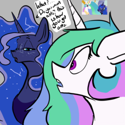 Size: 1260x1261 | Tagged: safe, artist:greyscaleart, princess celestia, princess luna, alicorn, ant, pony, g4, ants, archer (show), atg 2018, avengers: infinity war, constellation, constellation freckles, crossover, dialogue, female, freckles, gray background, implied thanos, mare, mp3 player, newbie artist training grounds, royal sisters, simple background, speech bubble