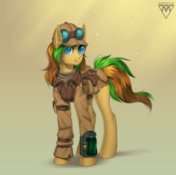 Size: 1212x1200 | Tagged: safe, artist:margony, oc, oc only, oc:bitwise, earth pony, pony, fallout equestria, cap, clothes, commission, female, foe adventures, goggles, hat, pipbuck, pnp character, roving trader outfit, saddle bag, simple background, smiling, solo