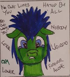 Size: 1369x1488 | Tagged: safe, artist:rapidsnap, oc, oc only, oc:rapidsnap, pony, abuse, crying, hatred, solo, traditional art