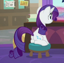 Size: 220x218 | Tagged: safe, screencap, rarity, pony, unicorn, friendship university, g4, butt, cropped, female, mare, plot, sitting, solo, stool