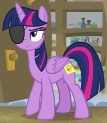 Size: 660x760 | Tagged: safe, screencap, twilight sparkle, alicorn, pony, friendship university, g4, eyepatch, eyepatch (disguise), female, paper-thin disguise, solo, twilight sparkle (alicorn)