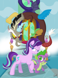 Size: 5000x6668 | Tagged: safe, artist:up-world, discord, spike, starlight glimmer, twilight sparkle, alicorn, draconequus, dragon, pony, unicorn, a matter of principals, g4, absurd resolution, digital art, frown, school of friendship, twilight sparkle (alicorn), waterfall, winged spike, wings