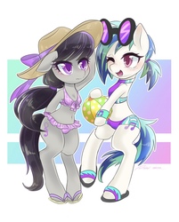 Size: 1074x1334 | Tagged: safe, artist:bbtasu, dj pon-3, octavia melody, vinyl scratch, earth pony, pony, unicorn, semi-anthro, g4, arm hooves, attached skirt, beach ball, belly button, bikini, bikini shorts, blushing, breasts, chestbreasts, clothes, cute, duo, duo female, female, flip-flops, frilled swimsuit, glasses, hat, mare, midriff, missing horn, one eye closed, open mouth, pink swimsuit, plaid swimsuit, purple swimsuit, sandals, skirt, sun hat, swimsuit, tricolor swimsuit, vinyl missing her horn, wink, wristband