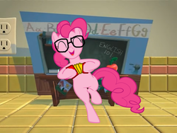 Size: 1024x768 | Tagged: artist needed, safe, edit, pinkie pie, earth pony, pony, g4, accordion, bipedal, chalkboard, desk, eyes closed, female, glasses, mare, musical instrument, silly songs, silly songs with pinkie, smiling, song in the comments, veggietales