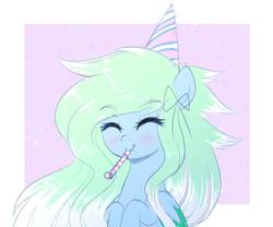 Size: 1453x1207 | Tagged: safe, artist:fluffymaiden, oc, oc only, oc:amaranthine sky, pegasus, pony, blushing, cute, eyes closed, female, hat, mare, noisemaker, ocbetes, party hat, party horn, smiling, solo
