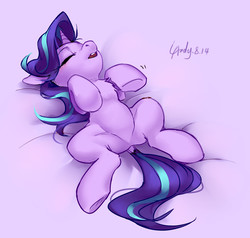 Size: 2100x2000 | Tagged: safe, artist:luciferamon, starlight glimmer, pony, unicorn, g4, bed, chest fluff, cute, digital art, dock, eyes closed, featureless crotch, female, glimmerbetes, high res, mare, on back, open mouth, signature, sleeping, solo