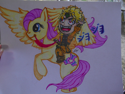 Size: 797x598 | Tagged: safe, artist:kimikroll, fluttershy, pegasus, pony, g4, crossover, dio brando, humans riding ponies, jojo's bizarre adventure, rearing, reins, riding, spread wings, traditional art, wings