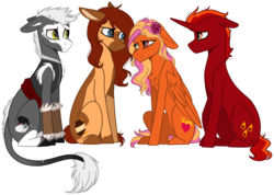Size: 1294x920 | Tagged: safe, artist:sychia, oc, oc only, oc:firefall, oc:firelight, oc:honeypot meadow, oc:touken ryuujin, dracony, earth pony, hybrid, pegasus, pony, clothes, comforting, commission, female, flower, flower in hair, gift art, male, mare, simple background, stallion, transparent background