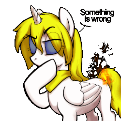 Size: 1100x1100 | Tagged: safe, artist:a1tar, oc, oc only, oc:deadie, alicorn, pony, alicorn oc, animated, butt fire, clothes, dialogue, digital art, eye clipping through hair, female, fire, mare, on fire, raised hoof, scarf, simple background, solo, thinking, transparent background, ych result, yellow hair, yellow mane