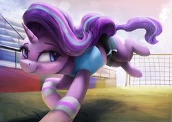 Size: 3600x2550 | Tagged: safe, artist:vanillaghosties, starlight glimmer, pony, unicorn, g4, atg 2018, clothes, female, high res, mare, newbie artist training grounds, running, solo, sports, uniform