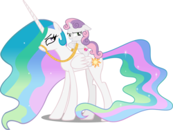Size: 4334x3256 | Tagged: safe, artist:blackm3sh, artist:jerick, edit, editor:slayerbvc, vector edit, princess celestia, sweetie belle, alicorn, pony, unicorn, g4, accessory-less edit, bare hooves, bridle, duo, ethereal mane, female, filly, looking back, mare, missing accessory, ponies riding ponies, pure unfiltered evil, reins, riding, simple background, sweetie belle riding celestia, tack, this will end in tears and/or a journey to the moon, transparent background, vector