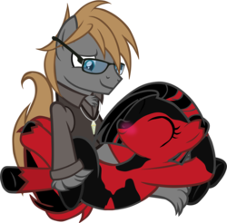 Size: 1039x1022 | Tagged: safe, artist:theeditormlp, oc, oc only, oc:crimson glow, oc:the editor, earth pony, pony, clothes, female, glasses, male, mare, oc x oc, red and black oc, shipping, shirt, simple background, stallion, straight, theglow, transparent background, vector