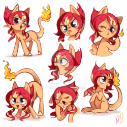 Size: 800x800 | Tagged: safe, artist:ipun, oc, oc only, oc:fiery, fire pony, original species, pony, blushing, deviantart watermark, drool, female, mare, obtrusive watermark, one eye closed, open mouth, simple background, solo, tail on fire, tongue out, watermark, white background, wink, yawn