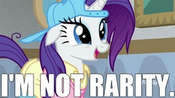 Size: 1920x1080 | Tagged: safe, edit, edited screencap, editor:useraccount, screencap, rarity, pony, friendship university, g4, backwards ballcap, baseball cap, blatant lies, cap, female, hat, i'm not stu, image macro, meme, plainity, rugrats, solo