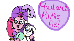 Size: 1920x1080 | Tagged: safe, artist:cherry1cupcake, pinkie pie, rarity, earth pony, pony, unicorn, g4, clothes, crystal ball, dress, ear piercing, earring, female, filly, fortune teller, jewelry, madame pinkie, piercing