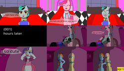 Size: 3648x2112 | Tagged: safe, artist:mellowbomb, fluttershy, pinkie pie, rainbow dash, rarity, oc, oc:closingrain, comic:calamity fateful, g4, 1000 hours in ms paint, dialogue, high res