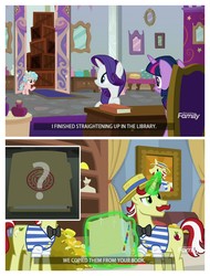 Size: 3106x4096 | Tagged: safe, cozy glow, flam, flim, rarity, twilight sparkle, alicorn, pony, friendship university, g4, crates, flim flam brothers, obvious, pure concentrated unfiltered evil of the utmost potency, twilight sparkle (alicorn), twilight's office