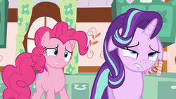 Size: 1920x1080 | Tagged: safe, screencap, pinkie pie, starlight glimmer, pony, g4, no second prances, faic, floppy ears, lip bite, open mouth, out of context, sugarcube corner, varying degrees of want