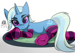 Size: 2532x1786 | Tagged: safe, artist:azerta56, trixie, pony, unicorn, g4, 365 days challenge, clothes, female, lidded eyes, mare, socks, solo, striped socks, underhoof