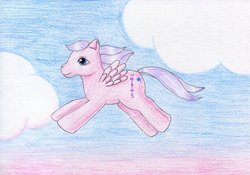 Size: 1024x715 | Tagged: safe, artist:normaleeinsane, baby north star, pony, g1, cloud, female, solo, traditional art