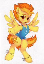 Size: 1280x1836 | Tagged: safe, artist:share dast, spitfire, pegasus, pony, g4, bipedal, clothes, commission, cute, cutefire, cutie mark, female, looking at you, mare, one-piece swimsuit, ribbon, simple background, smiling, solo, spread wings, swimsuit, t pose, white background, wings