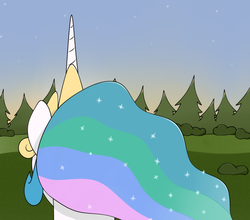 Size: 1116x981 | Tagged: safe, artist:kirr12, princess celestia, alicorn, pony, g4, female, forest, mare, rear view, sky, solo, stars, sunset