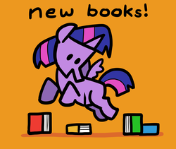 Size: 7600x6400 | Tagged: safe, artist:docwario, twilight sparkle, alicorn, pony, g4, absurd resolution, book, bookhorse, chibi, dialogue, female, happy, looking at something, mare, orange background, simple background, solo, that pony sure does love books, twilight sparkle (alicorn)