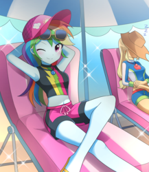 Size: 2000x2300 | Tagged: safe, artist:ryuu, applejack, rainbow dash, equestria girls, equestria girls series, g4, lost and found, adorasexy, anime, applejack's hat, arm behind head, armpits, beach, beach umbrella, belly button, blue skin, blushing, board shorts, cap, chillaxing, clothes, cowboy hat, cowgirl, crossed legs, cute, dashabetes, duo, duo female, feet, female, geode of super speed, geode of super strength, glasses, hat, high res, jewelry, looking at you, magical geodes, midriff, necklace, one eye closed, pink eyes, ponytail, rainbow dash's beach shorts swimsuit, relaxing, sand, sandals, scene interpretation, sexy, shorts, sleeping, smiling, stupid sexy rainbow dash, sunglasses, sunglasses on head, swimsuit, tomboy, umbrella, wink, winking at you, zzz