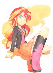 Size: 1386x1891 | Tagged: safe, artist:tyantyai_mokka, sunset shimmer, equestria girls, g4, boots, clothes, crossed legs, female, high heel boots, jacket, leather, leather jacket, marker drawing, shoes, skirt, solo, traditional art