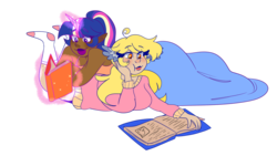 Size: 1280x721 | Tagged: safe, artist:cubbybatdoodles, derpy hooves, twilight sparkle, human, g4, blanket, book, clothes, dark skin, elf ears, female, horn, horned humanization, humanized, lesbian, magic, rainbow ponies, rainbow power, reading, ship:twerpy, shipping, simple background, socks, sweater, transparent background, wing ears, woman