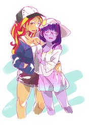 Size: 1410x2000 | Tagged: safe, artist:ku_rimo, sci-twi, sunset shimmer, twilight sparkle, equestria girls, g4, clothes, female, glasses, height difference, lesbian, ship:sci-twishimmer, ship:sunsetsparkle, shipping