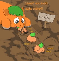 Size: 861x885 | Tagged: safe, artist:carpdime, fluffy pony, carrot, chirping, dirt, fluffy pony foals, food, garden fluffies, harvest, newborn, weird, weirdbox