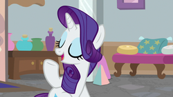 Size: 1280x720 | Tagged: safe, screencap, rarity, pony, unicorn, friendship university, g4, my little pony: friendship is magic, eyes closed, female, mare, open mouth, raised hoof, solo, underhoof