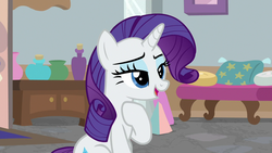 Size: 1280x720 | Tagged: safe, screencap, rarity, pony, unicorn, friendship university, g4, my little pony: friendship is magic, female, mare, open mouth, raised hoof, solo