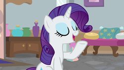 Size: 1280x720 | Tagged: safe, screencap, rarity, pony, unicorn, friendship university, g4, my little pony: friendship is magic, eyes closed, female, solo