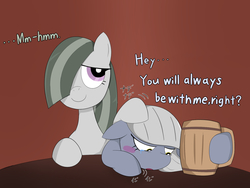 Size: 1600x1200 | Tagged: safe, artist:garammasara, limestone pie, marble pie, earth pony, pony, g4, alcohol, apple cider, blushing, cider, crying, dialogue, female, floppy ears, head pat, japanese, jealous, lonely, mare, mug, onomatopoeia, open mouth, pat, patting, pie sisters, siblings, sisters, table, teary eyes