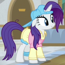 Size: 620x620 | Tagged: safe, screencap, rarity, pony, unicorn, friendship university, g4, backwards ballcap, baseball cap, cap, female, hat, mare, plainity, smiling, solo