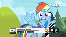 Size: 1280x720 | Tagged: safe, screencap, rainbow dash, panda, pegasus, pony, g4, the end in friend, app, app icon, at&t, boomerang (tv channel), cartoon network logo, clothes, female, google play, grizz, ice bear, jersey, mare, we bare bears