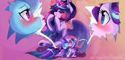 Size: 3522x1703 | Tagged: safe, artist:wilvarin-liadon, starlight glimmer, trixie, twilight sparkle, alicorn, pony, unicorn, g4, cape, clothes, female, glowing horn, hat, horn, lesbian, magic, plushie, ship:startrix, shiplight sparkle, shipper on deck, shipping, telekinesis, trixie's cape, trixie's hat, twilight sparkle (alicorn), wings