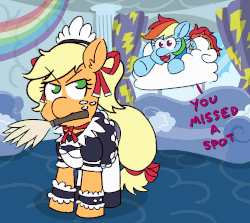 Size: 1400x1250 | Tagged: safe, artist:threetwotwo32232, applejack, rainbow dash, earth pony, pegasus, pony, alternate hairstyle, animated, annoyed, bow, clothes, cloud, couch, cute, dashabetes, dialogue, duster, ear fluff, featured image, female, floating, floaty, frown, gif, glare, hair ribbon, hairband, jackabetes, looking back, maid, maidjack, mare, mouth hold, no pupils, open mouth, perfect loop, pillow, pointing, prone, rainbow douche, ribbon, sexy, smiling, tail bow, unamused, underhoof, window