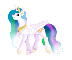 Size: 1280x1061 | Tagged: safe, artist:honiibree, artist:jbond, color edit, edit, princess celestia, alicorn, pony, g4, colored, female, looking at you, mare, painting, peytral, profile, regalia, simple background, smiling, solo, walking, white background