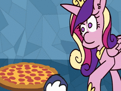 Size: 1440x1080 | Tagged: safe, artist:threetwotwo32232, princess cadance, shining armor, alicorn, pony, unicorn, g4, :|, animated, eating, eyes on the prize, female, food, hooves, male, male pov, mare, no luca no, nom, offscreen character, peetzer, pizza, pov, pushing, raised hoof, solo focus, sound, stallion, text, that pony sure does love pizza, webm, wide eyes, you lose