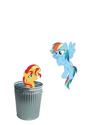 Size: 3106x4096 | Tagged: safe, rainbow dash, sunset shimmer, g4, abuse, background pony strikes again, downvote bait, op is a duck, op is trying to start shit, shimmerbuse, simple background, sunset shimmer's trash can, trash can, white background